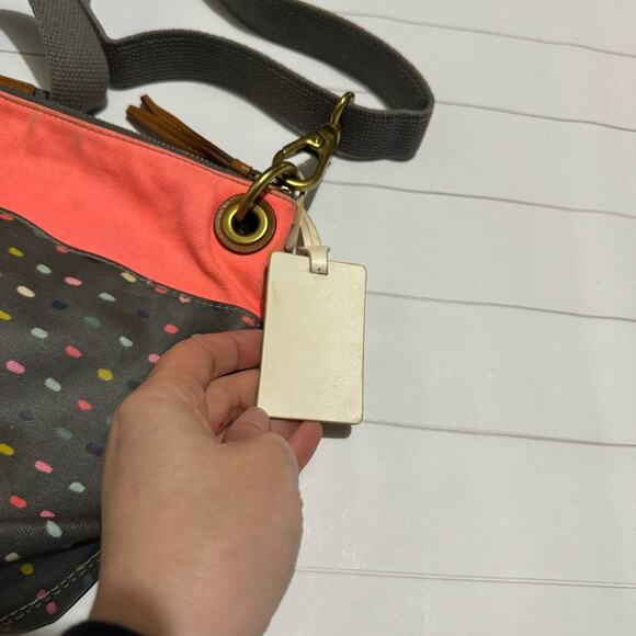 Fossil Peach Coral Gray Polka Dot Canvas Crossbody Shoulder Bag Purse - Picture 2 of 7